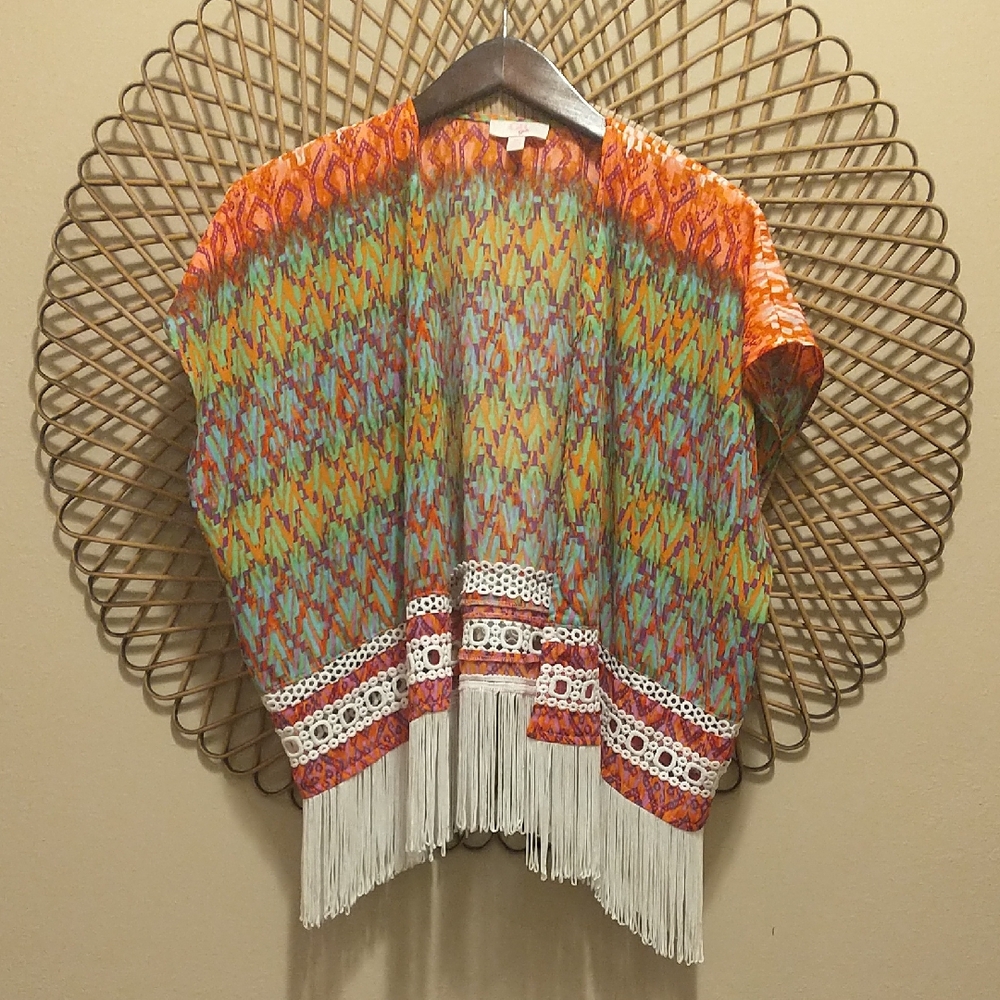 GB Girls Kimono Style Cardi/Swim coverup Multi Color Fringe Size M